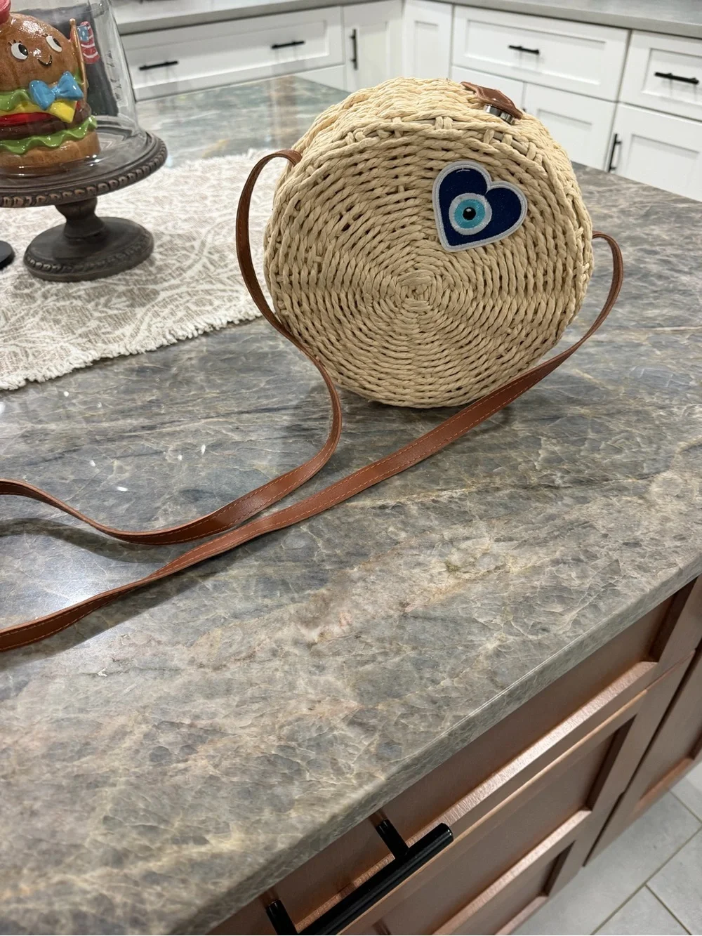 Handwoven Round Crossbody Bag with Beaded Evil Eye - Natural Straw & Blue Accent